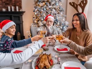 Familia feliz, brindando con vino durante una cena navideña. Foto: IMEO 02 241223