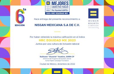 Nissan Mexicana logra certificación de “Mejores Lugares para Trabajar LGBTQ+ 2023” en el índice HRC Equidad MX  01 071222
