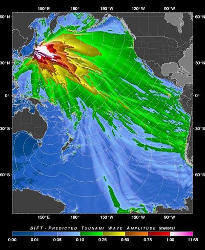 Imagen facilitada por la Administración Nacional de Atmósfera y Océanos de Estados Unidos (NOAA, por su sigla en inglés), que muestra un pronóstico de la evolución del tsunami provocado por sismo y posterior maremoto sufrido por Japón.