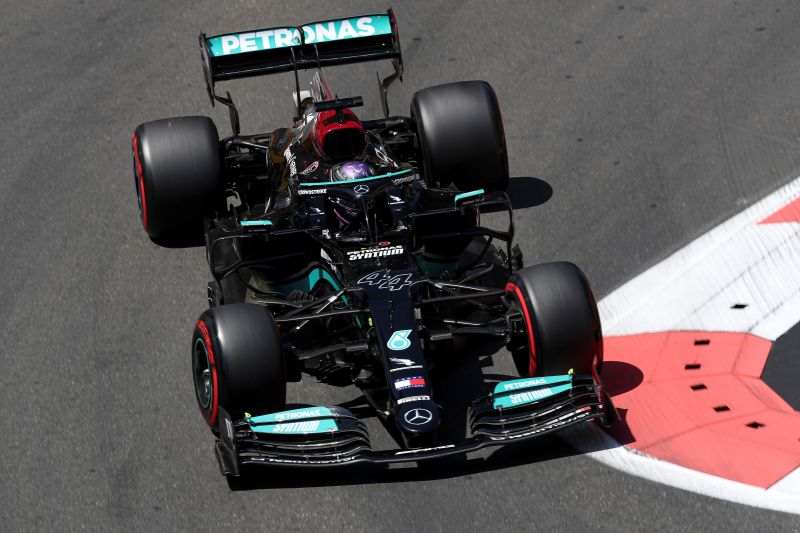 British Formula One driver Lewis Hamilton of Mercedes-AMG Petronas in action during the third practice session for the Formula One Grand Prix of Azerbaijan at the Baku City Circuit in Baku, Azerbaijan, 05 June 2021. 